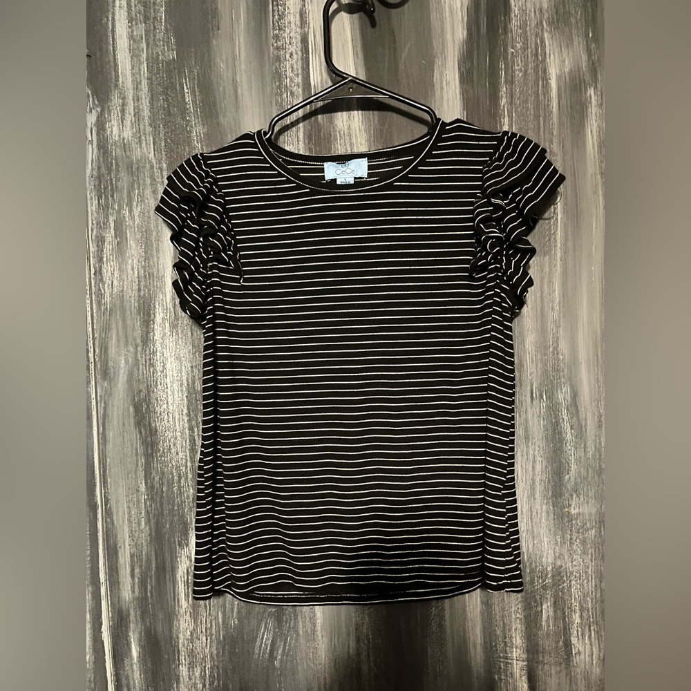CeCe Black and White Striped Short Sleeve Top